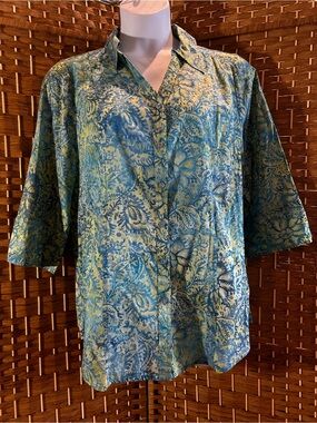 Liz & Me Vines Print Cotton Tunic Blouse 0X 16W Blue Green Top